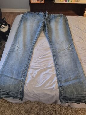 Express Men's Blue Denim Slim Straight Jeans, Cotton, 5-Pocket, Button Zip